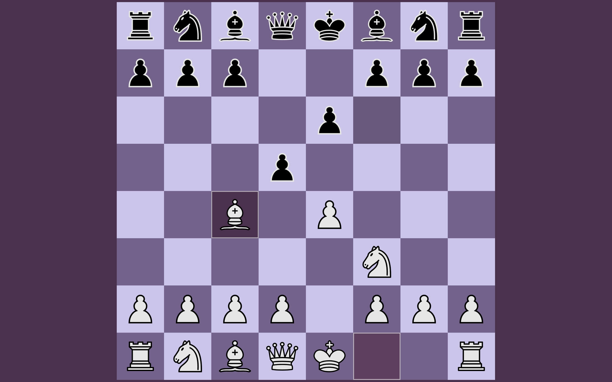 A game in progress against IronPawn after 1.e4 e5 2.Nf3 d6 3.Bc4, with the bishop's move highlighted