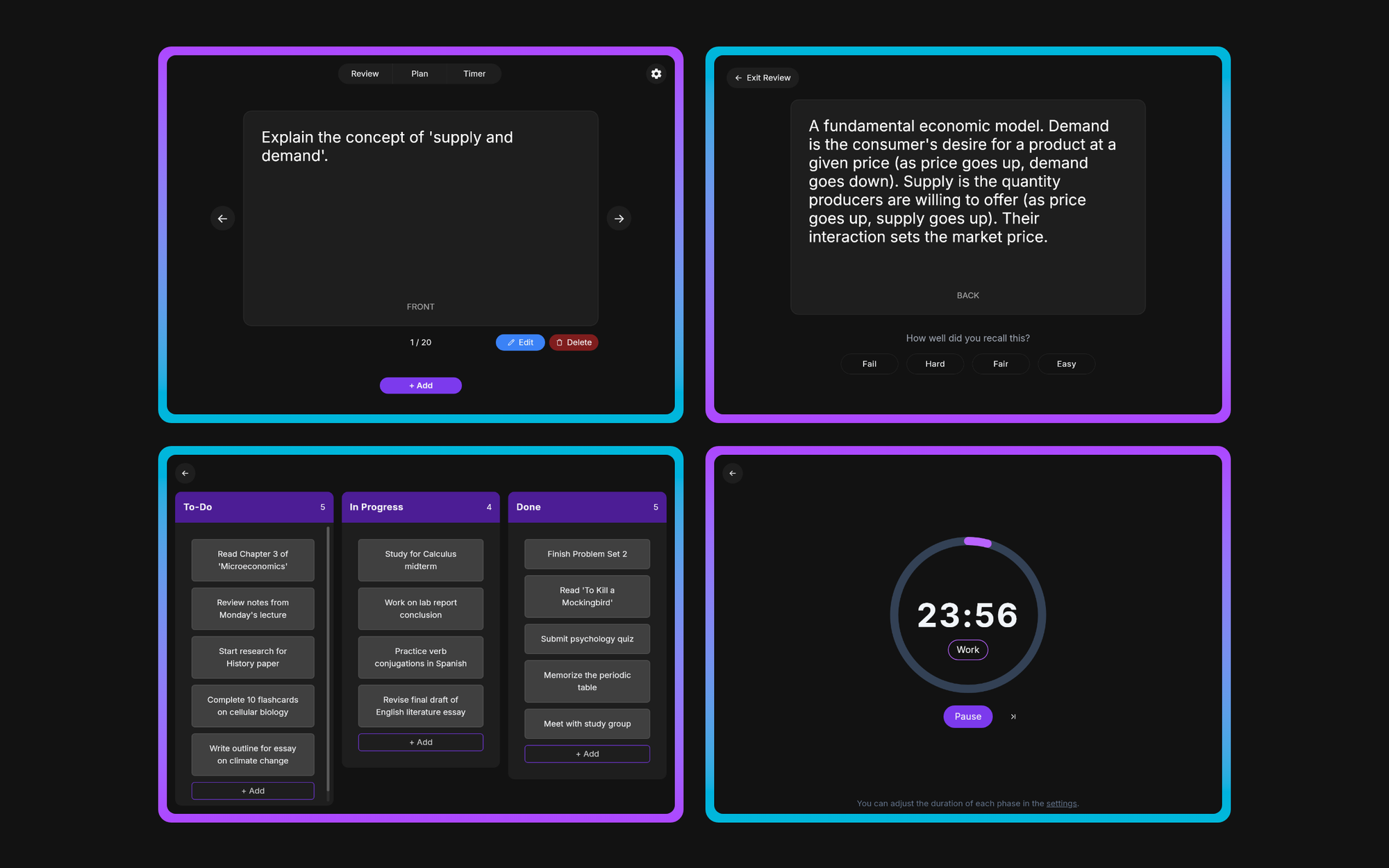 Four Tolari views: a flashcard front, the answer with spaced-repetition recall grading, the Kanban planning board, and the pomodoro timer